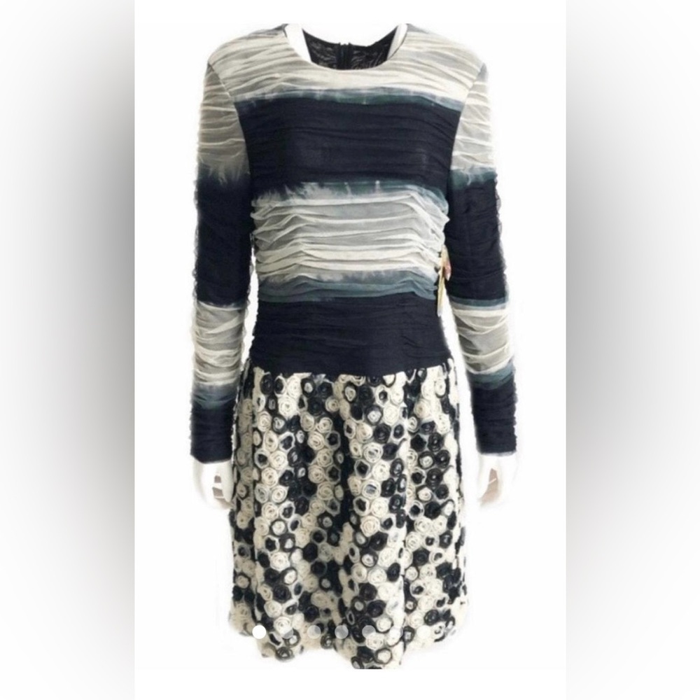 SAMUEL DONG Tulle Rosette Ruched Netting Long SLV Black/Cream Party Dress SZ M